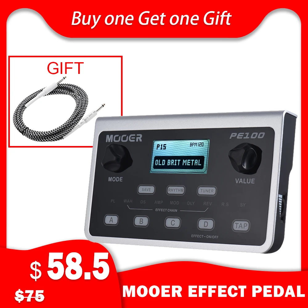 

MOOER PE100 Portable Multi-effects Processor Guitar Effect Pedal 39 Effects 40 Drum Patterns 10 Metronomes Tap Tempo