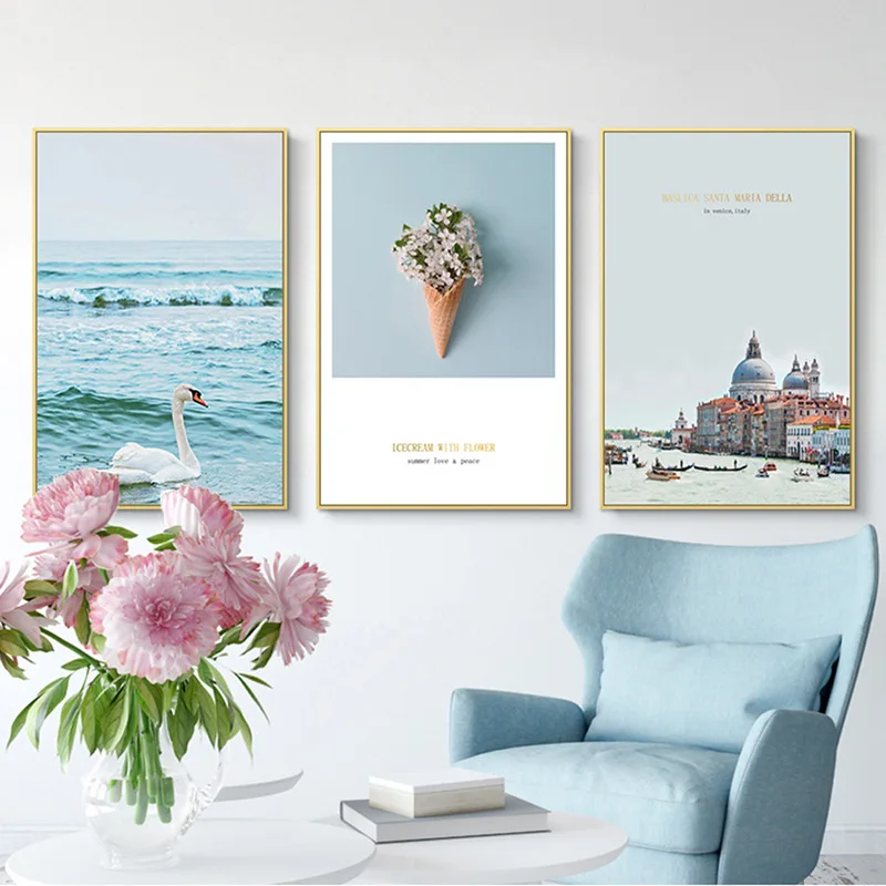 

Foreign Trade Northern European-Style Modern Minimalist Cool Scenery Castle Swan Painting Core Bedroom Living Room Frameless Dec