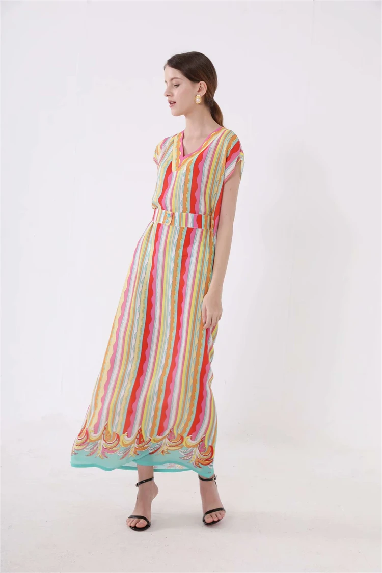 

Designer Summer Runway Dresses Women's High End Multicolor Striped Printed Maxi Long Straight Vestidos