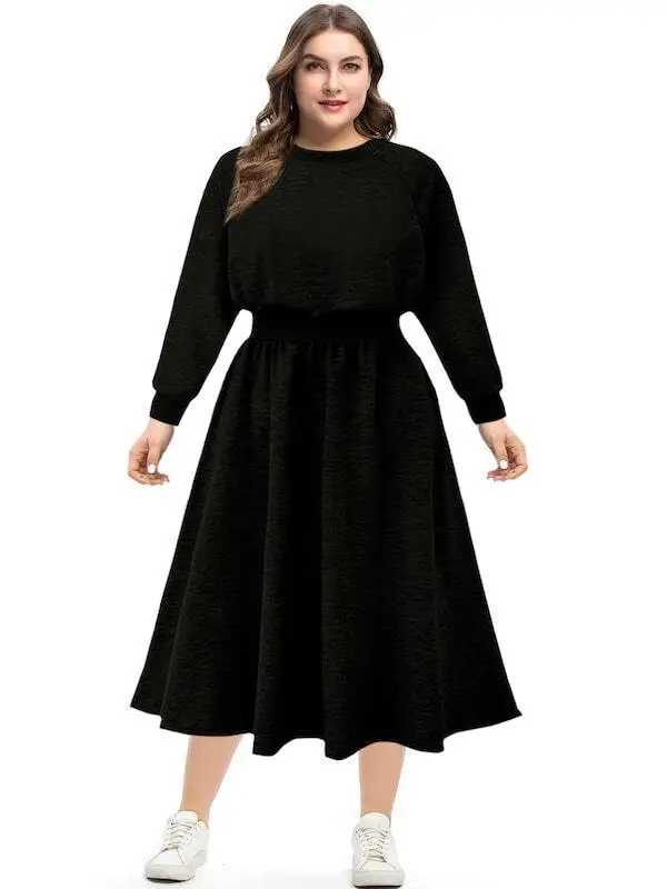 3XL 4XL осень-зима для женщин; Большие размеры платье с длинными рукавами и Повседневное свободное платье женский серый сплошной купальник, большие и маленькие Размеры длинные платья на каждый день - Цвет: black