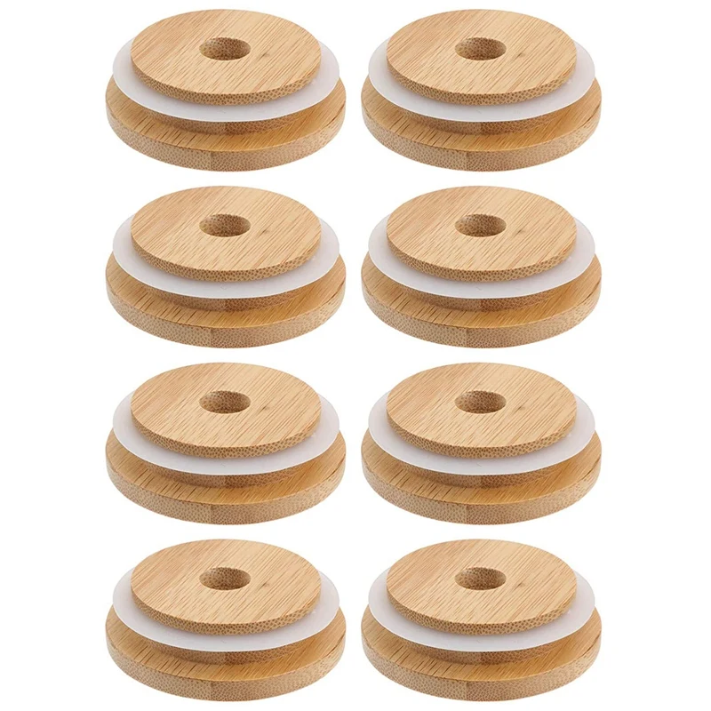 8Pcs Reusable Bamboo Jar Lids 86MM Bamboo Mason Jar Lids with Straw
