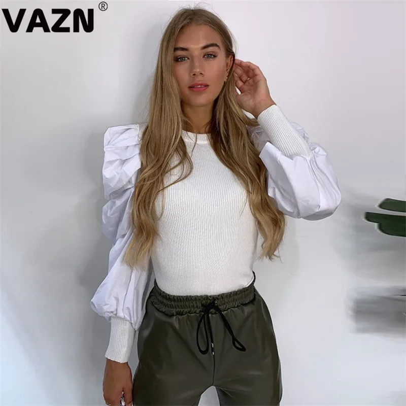 VAZN YME1735470, Осенние вязаные футболки, новые популярные, свежие, прозрачные, сексуальные комбинезоны, дизайнерские, одноцветные, длинный рукав, женские, обычные, тонкие футболки - Цвет: Белый