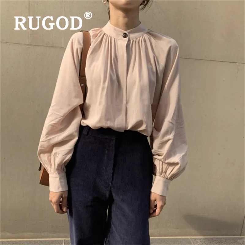 RUGOD винтажная Элегантная блузка, плиссированная рубашка, на одной пуговице, Женский Топ, весенние женские топы и блузки, корейская мода, повседневная одежда