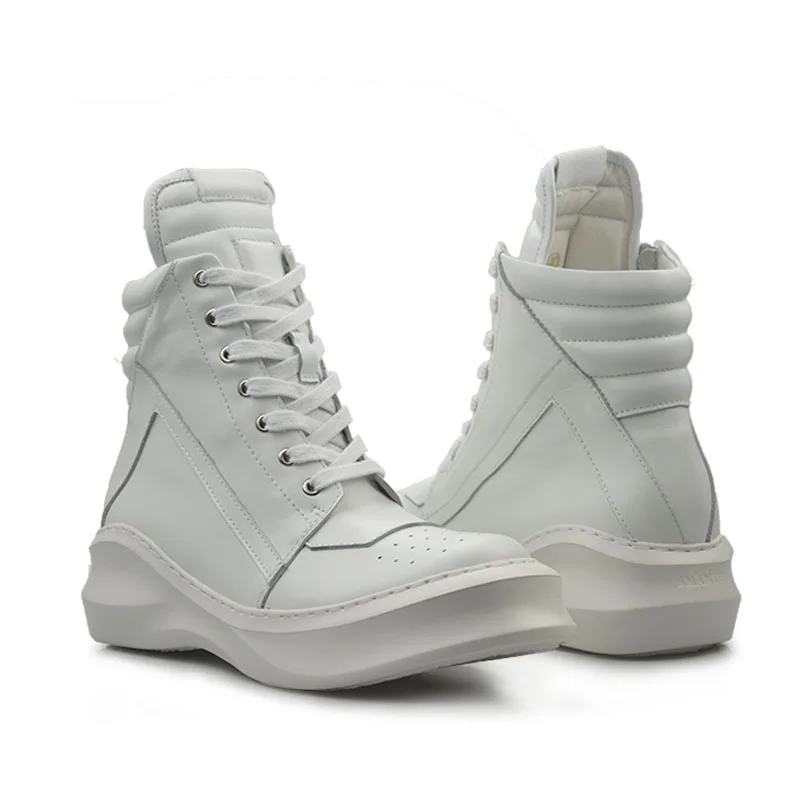 Мужские кожаные высокие ботинки на толстой белой подошве в корейском и