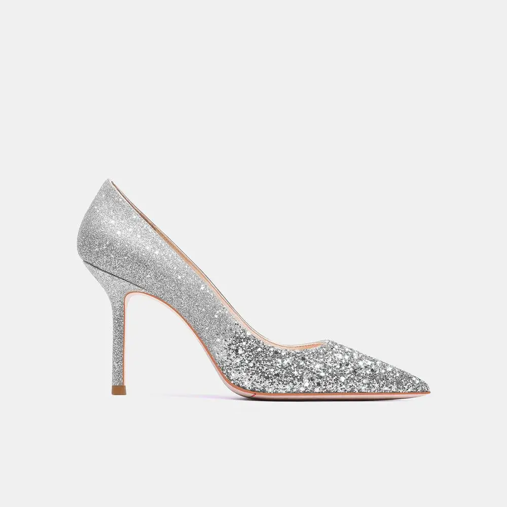 

Туфли-лодочки женские на шпильке 10 см, модные пикантные свадебные туфли с серебристыми блестками и стразами, заостренный носок, для невесты