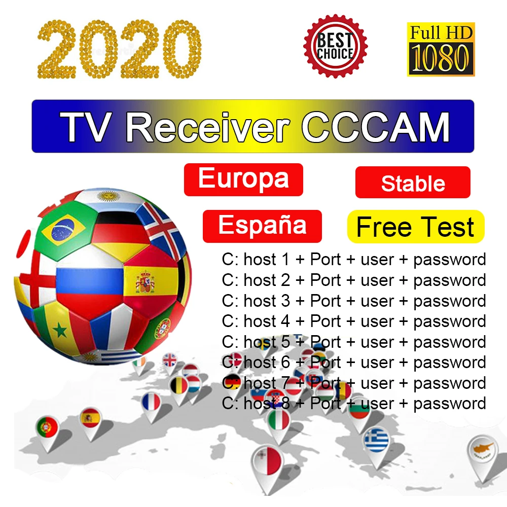 

2020 TV Receiver CCCAM spain stable 3 Line server HD cline Europe Portugal Poland Italia for satellite receiver