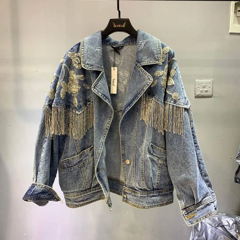 

2020 European Jean Jacket Woamn New Heavy Process Tassel Top Sequin Retro Washing Breasted Denim Jacket Hand Studded Jacket Coat