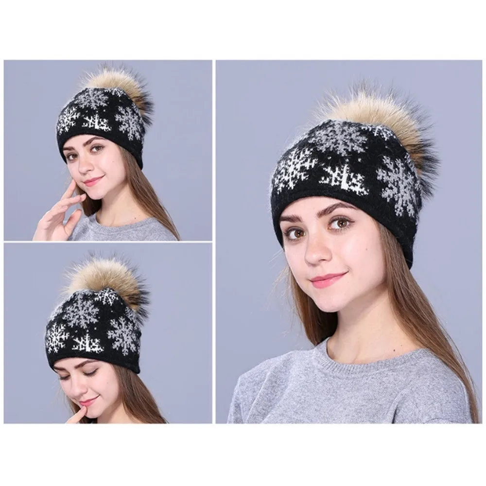new Thick Wool Pom Pom Winter Hat Female Hat Leather Natural Fur Fashion Warm Knit Women Winter Beanie Bean Hat 30H