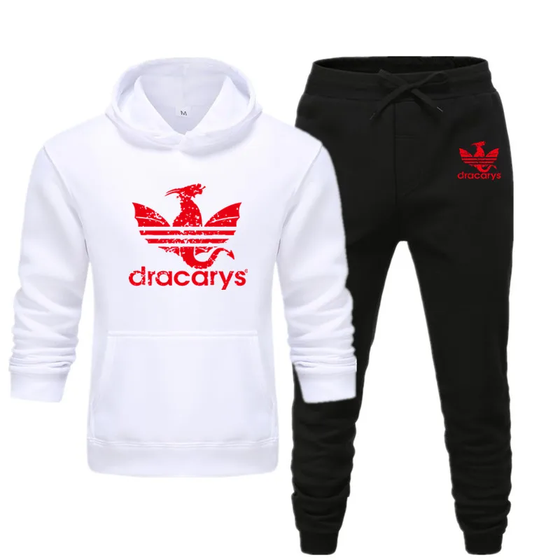 white black Мужские брюки спортивная одежда набор Dracarys осень зима с капюшоном толстые повседневные пробежки мужские 2 шт толстовка+ спортивные брюки набор с капюшоном - Цвет: white black