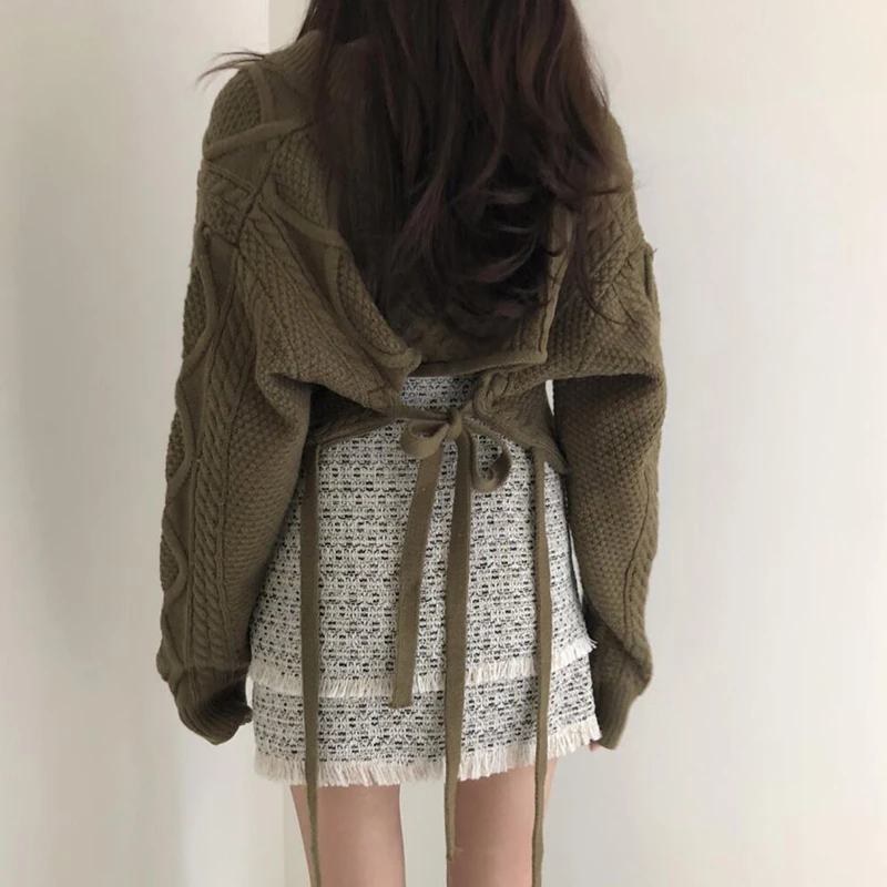 

Korean Twist Knitted Sweater Long Sleeve V-neck Short Pullover Knitwear 2020 Autumn Winter Back Lace Up Pull Femme Clothing