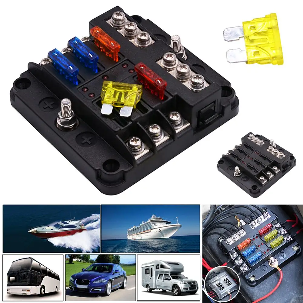 

12V/24V Car Truck Boat 6 Way Blade Fuse Holder Box 5A 10A 15A 20A Fuses for Marine Bus RV Van