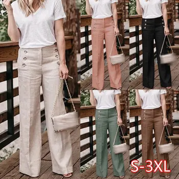

Plus Size 3XL 2020 Summer New Hot Cotton Linen Women Wide Legs Pants Solid Casual High Waist Button Trousers Female Loose Pants