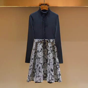 

2020 Spring Printed Women's Long-sleeved Knitted Dress Lady O-neck Patchwork A-line Knitwear Female Slim Lace-up Dresses