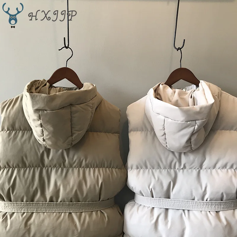 HXJJP Women Vest Winter Jacket Pocket Hooded Coat Warm Casual Cotton Padded Vest Female Slim Sleeveless Waistcoat Belt In Stock