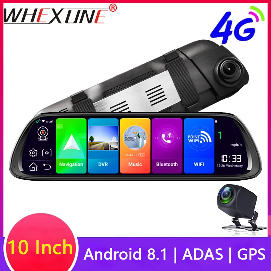 WHEXUNE Android 8,1 Автомобильный видеорегистратор gps камера-навигатор 10 дюймов FHD 1080P поток медиа зеркало заднего вида 4G зеркало ADAS видеорегистратор
