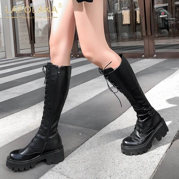

Lapolaka Fashion New Top Quality Genuine Leather Knee High Boots Woman Shoes Zip Up Chunky Heels Platform Trend Boots Female