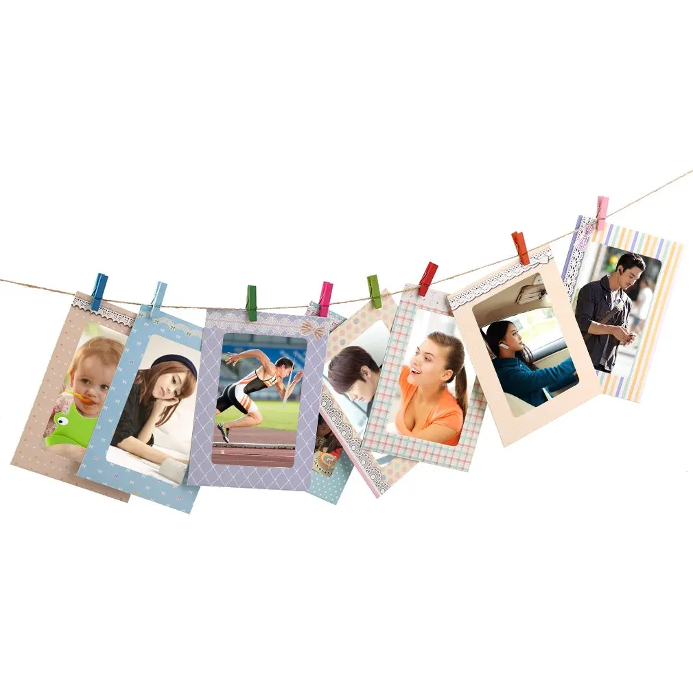 Rectangular Paper Photo Frames With Wood Clips Creative Home Hanging Decoration 