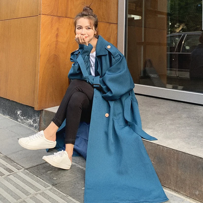 Double Breasted Long Windbreaker Women Loose Slit