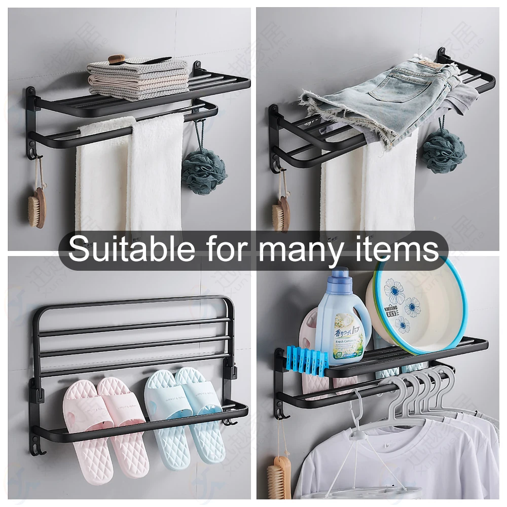 Gun Gray Towel Rack 40-60 CM Folding Holder With Hook Bar Bathroom