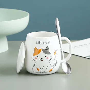 

400ml Cute Cartoon Animal Milk Mug Creative Mug with Lid Spoon Breakfast Cup Girls Ceramic Office Water Cups Cat Fox Sheep Puppy