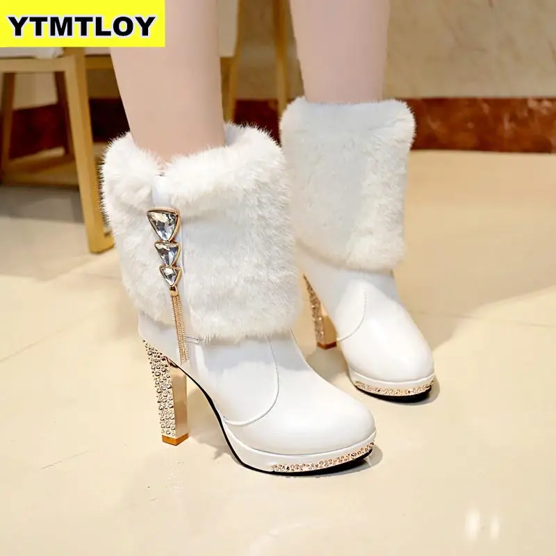 

Bling High Heels Rabbit Fur Boots Women Plush Warm Platform Shoes Elegant Crystal Lady Wedding Party High-heeled Ankle Boots