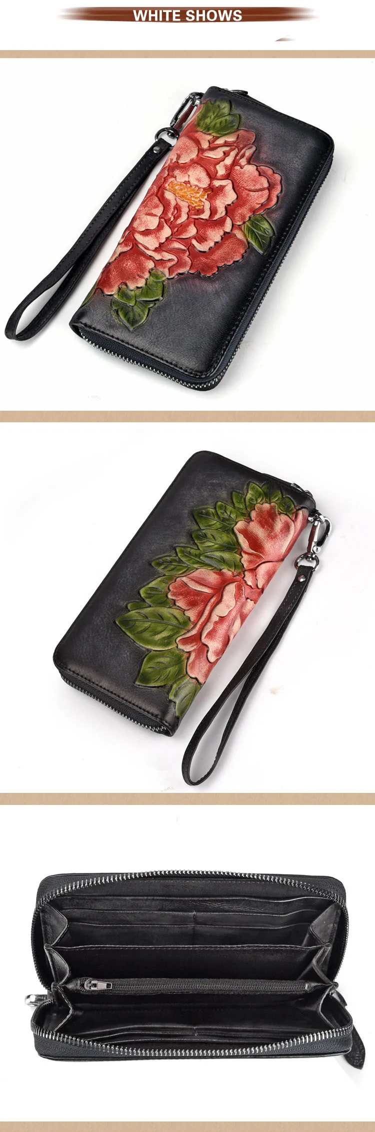 Elegant Retro genuine leather wallet women long clutch purse floral real leather money bag ladies wallets and purses for phone