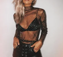  Hirigin 2021 Women Mesh Top Sexy Sheer T Shirt Transparent Tops Turtleneck See Through Clothes Female Costume Roupas Feminina 
