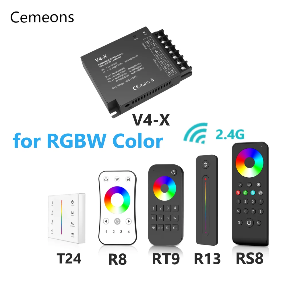 4CH RGB RF Controller Led 5050 12V 24V 36V 2.4G Step-less Dimming Remote Control Light CCT RGB RGBW Led Strip Controller V4-X