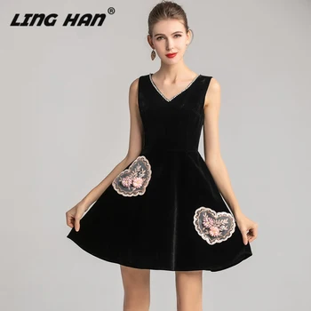 

LINGHAN Designer Women Spring Summer Sexy V-neck Sleeveless 3D Black Mini Dress Elegant Party Vestidos Lady Robe Femme