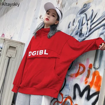 

Hoodies Women Stand Collar Letter Printed Loose Harajuku Leisure BF Pullovers Womens Korean Style Sweatshirts Trendy Hip Hop New