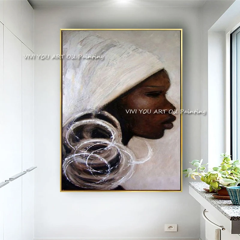 

The Handmade Big Earing Africa Woman Figure Oil Painting on Canvas Art Paintings Wall Picture Artwork Living Room Decor Portrait