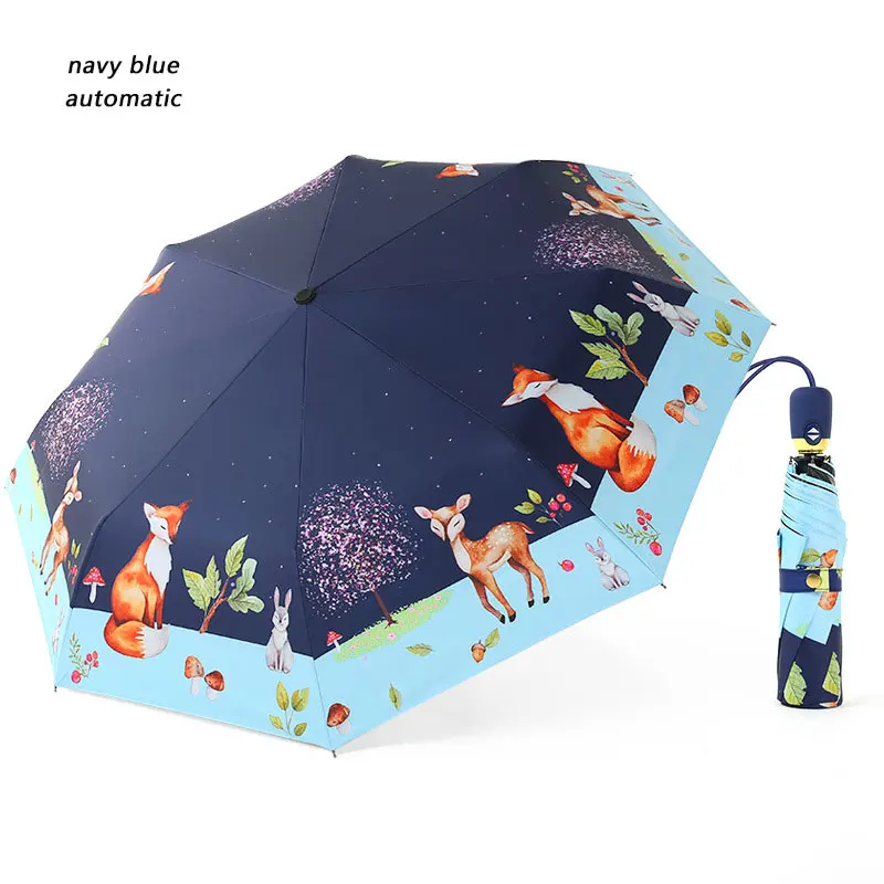 1pc navy blue auto Полностью Автоматический детский зонт с анимационным принтом Kawaii животное Лиса и олень три складной Защита от солнца портативный зонтик для детей - Цвет: 1pc navy blue auto