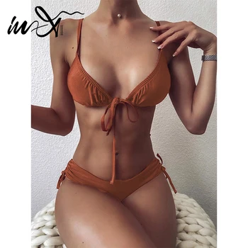 

In-X Sexy solid swimsuit women String bikini set Plus size swimwear women Knot swim suit female bathing suit two piece suit XL