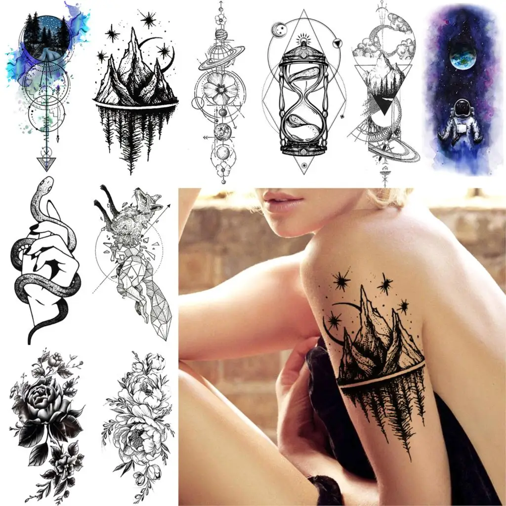 Долговечная временная татуировка для мужчин и женщин, стикер, поддельные тату треугольник, звезда, гора, сделай сам, город, песочные часы, боди-арт, тату, водонепроницаемые