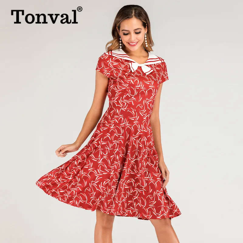 Tonval, контрастное, Полосатое, с бантом на шее, Узорчатое, красное, элегантное, свободное платье для женщин,, летнее, повседневное, с коротким рукавом, ТРАПЕЦИЕВИДНОЕ, винтажное платье