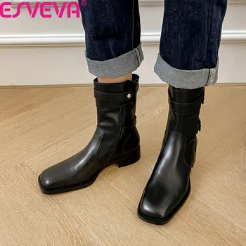

ESVEVA 2021 Square Toe Buckle Zipper Ankle Boots Cow Leather Women Boots Square Heel Autumn Winter Short Boots Size 34-39