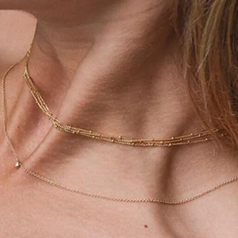 

14k Bag jin die Wear Golden Ball Dotted Beads Simple Design Multistory Necklace Choker