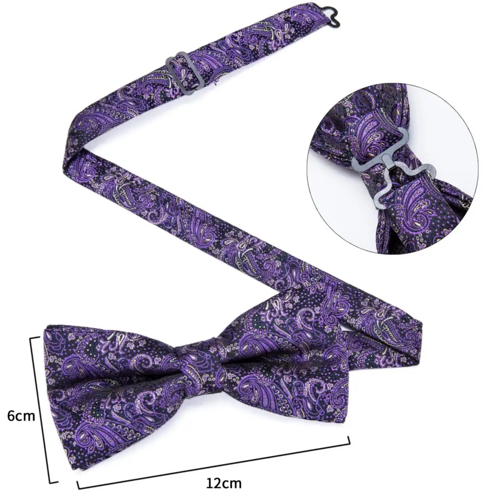 Фиолетовый Шелковый галстук бабочка с пейсли Регулируемая формальная запонка
