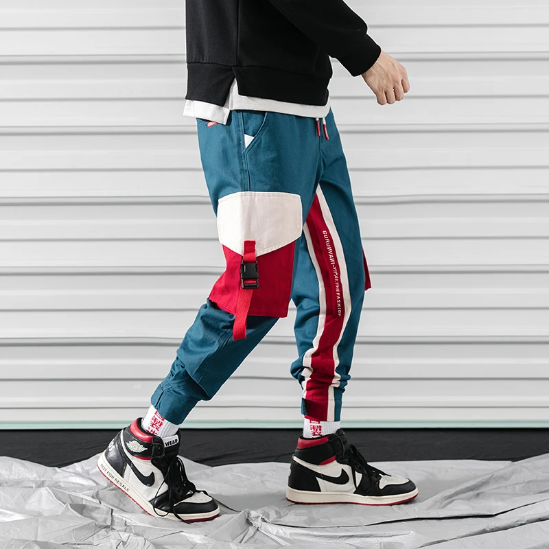 SingleRoad брюки карго для мужчин Лоскутная полоса боковые карманы хип хоп Японская