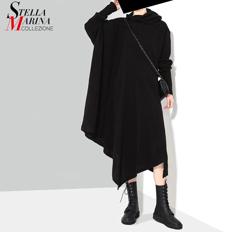 Однотонное Черное Женское зимнее асимметричное трикотажное платье свитер с