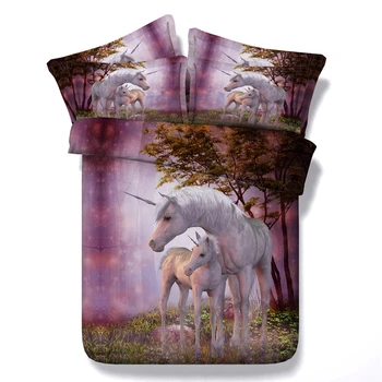 

3D unicorn printed bedding sets purple gradient background two unicorns in the forest printing bedding sets 2/3 pcs