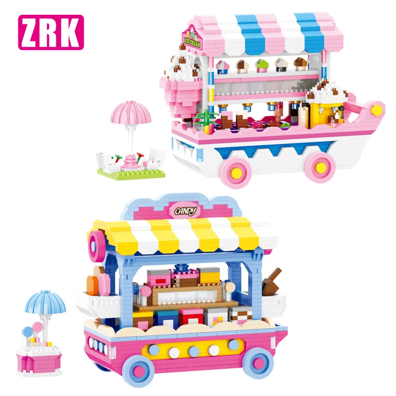 

ZRK Pink Girl Candy Cart Car Ice Cream Truck Machine 3D Model DIY Diamond Mini Building Blocks Bricks Toy for Children no Box
