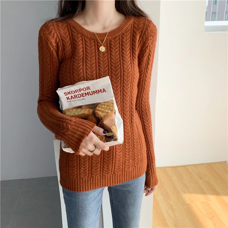Knitted Sweater Woman Pullover Solid Color Candy Colors Basic Long Sleeves O-neck Jumpers