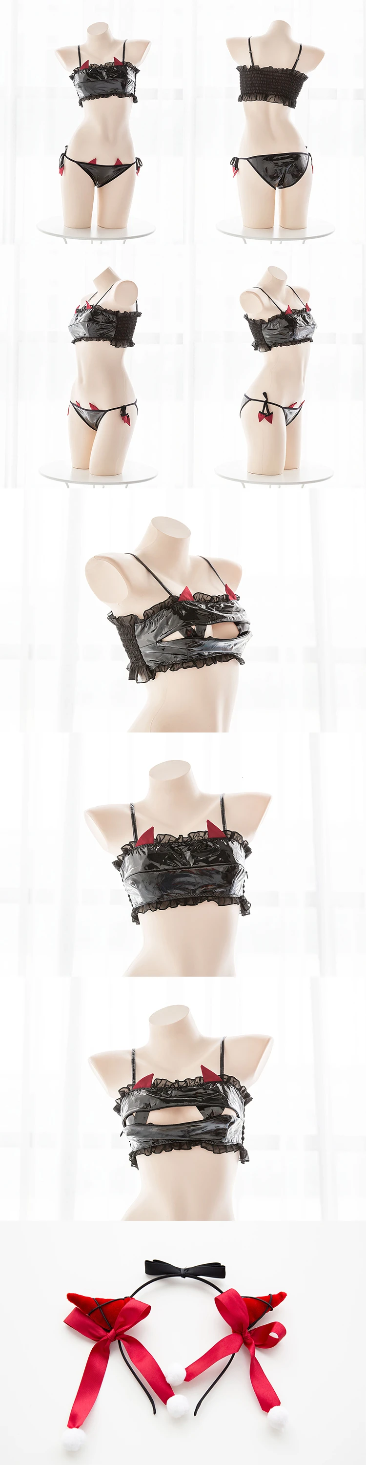Adorable Devil Style Hollow Out Open Chest Design Patent Leather Headband Material Kawaii Erotic Bikini Sexy Cosplay Costume