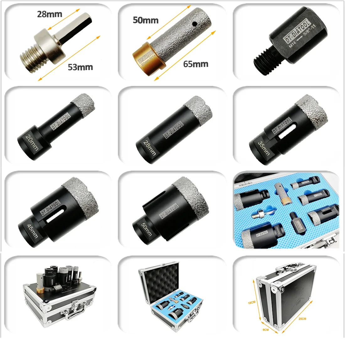 DT-DIATOOL 1set Boxed M14 Vacuum Brazed Diamond Drill Core Bits Mixed Size Hole Saw Set For Porcelain Tile Granite Marble Stone