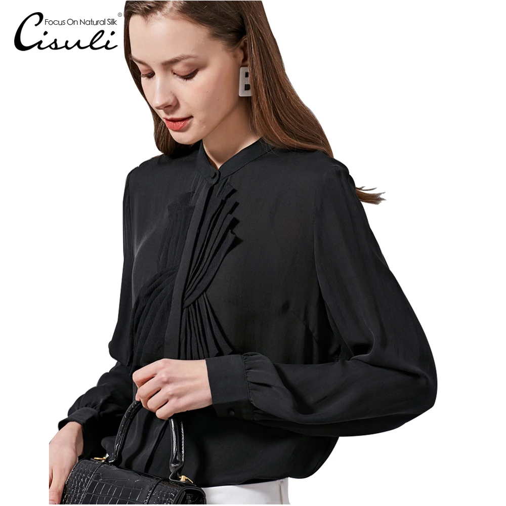 

CISULI 100% Pure Silk Shirt Classic Black Shirt Women Office Lady Style