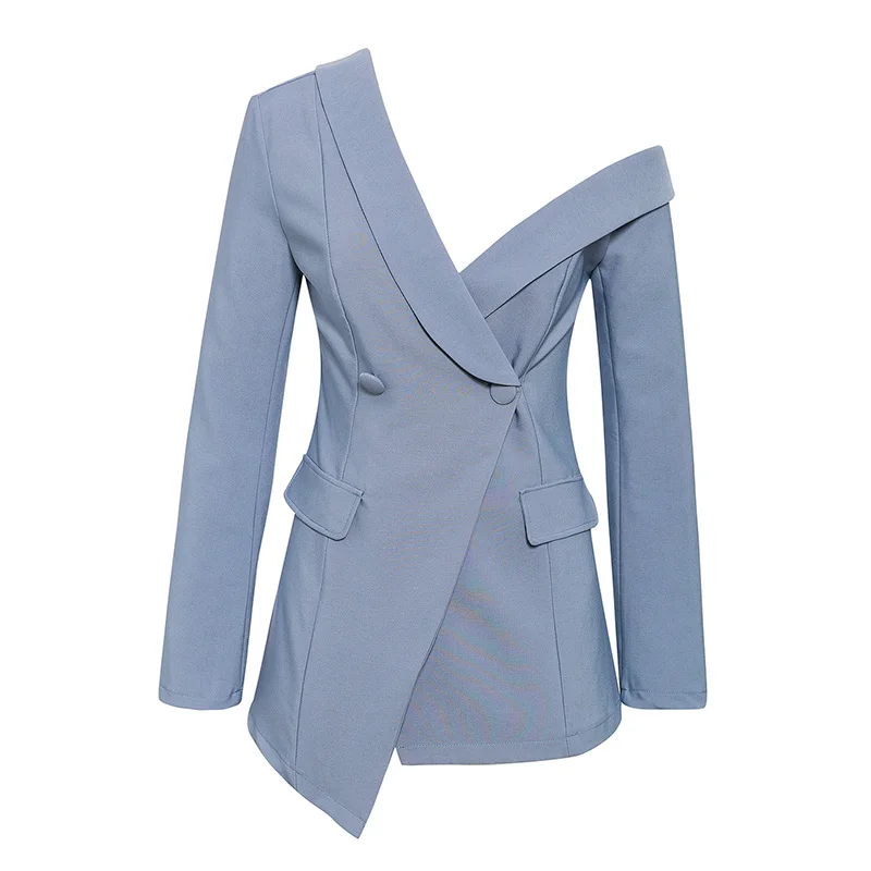 Mossha One shoudler блейзер с длинными рукавами повседневное женское пальто мода осень ассиметричные блейзеры Дамская Работа блейзер пальто женский - Цвет: Blue Gray
