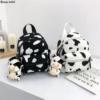 

Small Women's Backpack for Girls Cow Print Canvas Fashionable Mini Bagpack Female School Bag Korean Rucksack for Teenager 2020