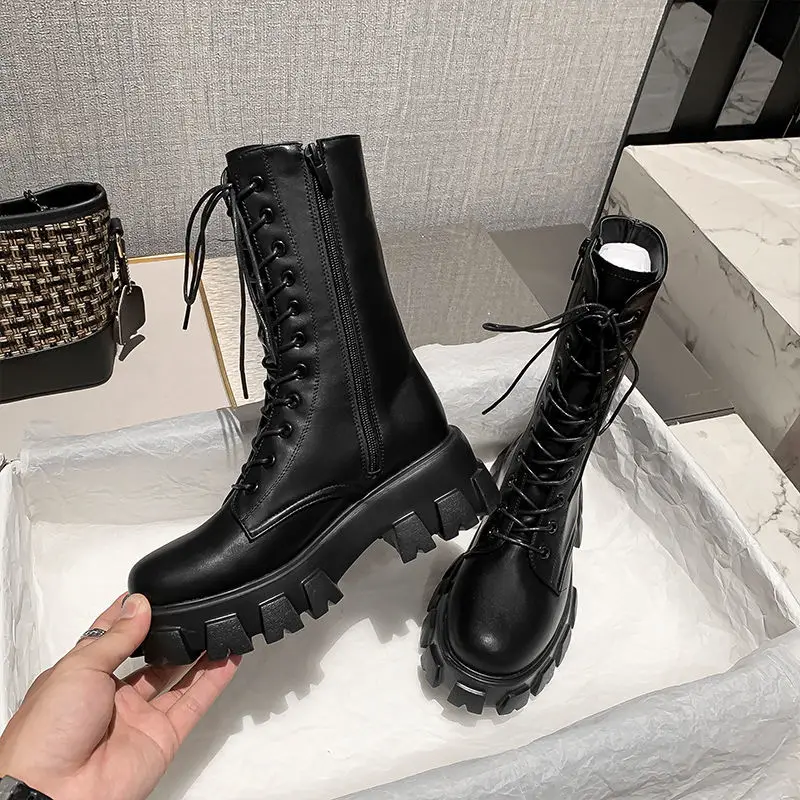 Martin-Botas de suela gruesa para mujer, botines de tubo medio finos blancos, aumento de botas finas, novedad de Otoño de 2020