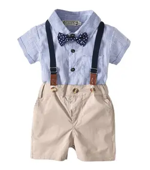 

Baby Romper Set Three Piece Gentleman Newborn Baby Boy Striped Shirt Braces Pants and Bow Tie Suits for Summer